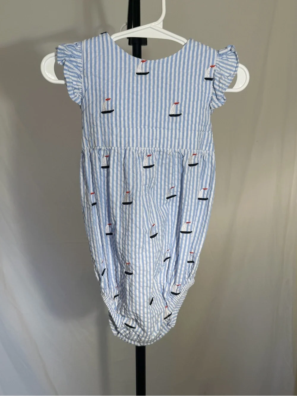 Classic Prep Children’s Wear Sailboat Seersucker Bubble Romper 12-18M
